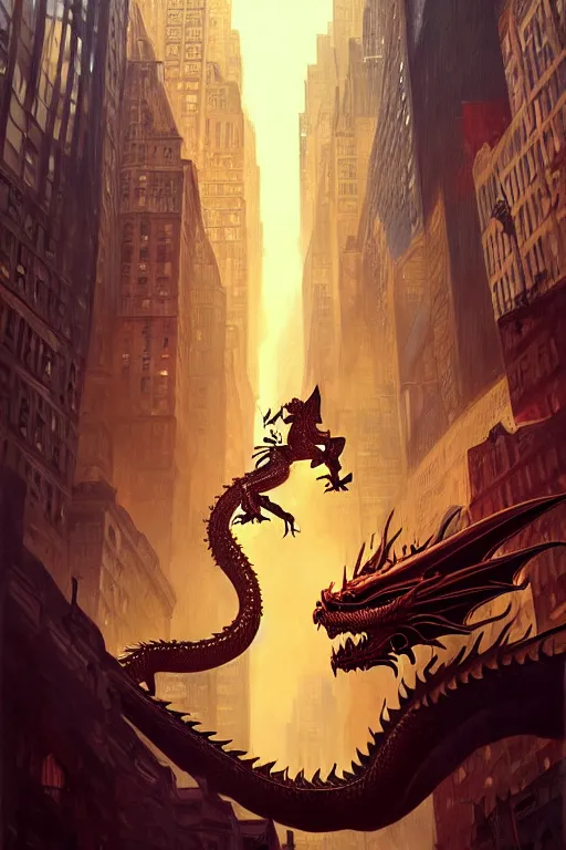 Image similar to a dragon in the middle of new york, fantasy, , sharp focus, intricate, elegant, digital painting, artstation, matte, highly detailed, concept art, illustration, ambient lighting, art by ilya kuvshinov, artgerm, Alphonse mucha, and Greg Rutkowski