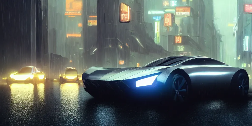 Prompt: beautiful Product shot film still of a Syd Mead futuristic modern sleek automobile speeding down a wet street at night in cyperpunk city, motion, hard surface modeling, blade runner, octane, Ian Callum, Giorgetto Giugiaro, Leonardo Fioravanti , chrome, trending on artstation, art by Karol Bak, Karol bak pastiche by Peter Mohrbacher, unreal, redshift, 3d model, 8k H 768