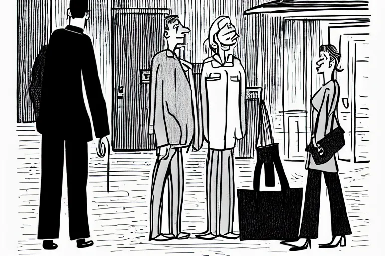 Image similar to tall, security guard checks the bags of a worried looking couple, man and woman, art in the style of the new yorker