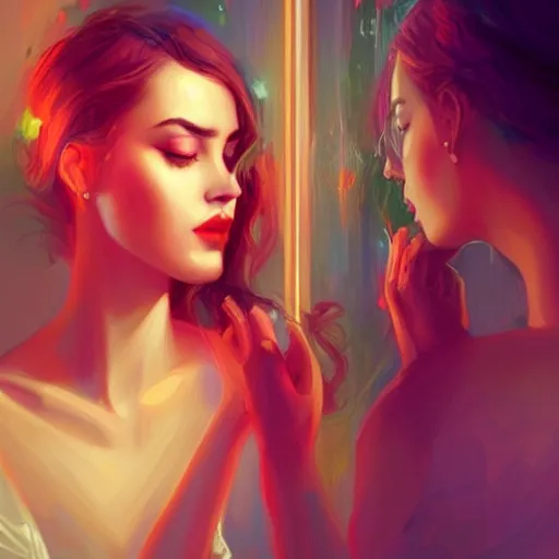 Prompt: colorful and festive captivating beautiful mesmerising woman looking in mirror and seeing an ugly woman, mirror glass aesthetic. rich vivid colors, ambient lighting, dynamic lighting, 4 k, atmospheric lighting, painted, intricate, highly detailed by charlie bowater