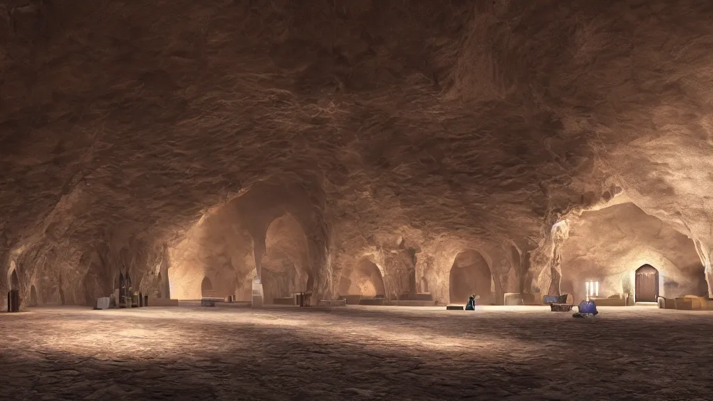 Image similar to A mosque inside a cave, cinematic lighting, photorealistic, hyperdetailed 3D matte painting, hyperrealism, hyperrealistic, 8k ultraHD octane render