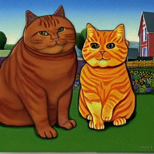 Image similar to fat orange tabby cat next to jon from garfield, american gothic by grant wood