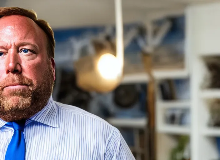 Image similar to dslr photo still of infowars host alex jones in a blue suit fat beard and mustache sitting depressed in a room filled to the ceiling with cell phones, 5 2 mm f 5. 6