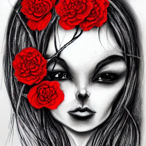 Prompt: demonic charcoal drawing of webs in a red flower by jeremiah ketner | horror themed | creepy