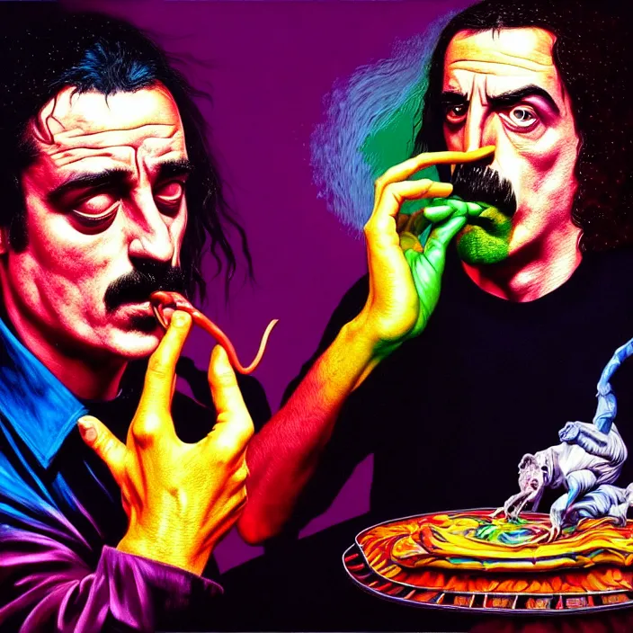 Image similar to bright psychedelic mike patton eating frank zappa who is puking hitler, diffuse lighting, fantasy, intricate, elegant, highly detailed, lifelike, photorealistic, digital painting, artstation, illustration, concept art, smooth, sharp focus, art by francis bacon