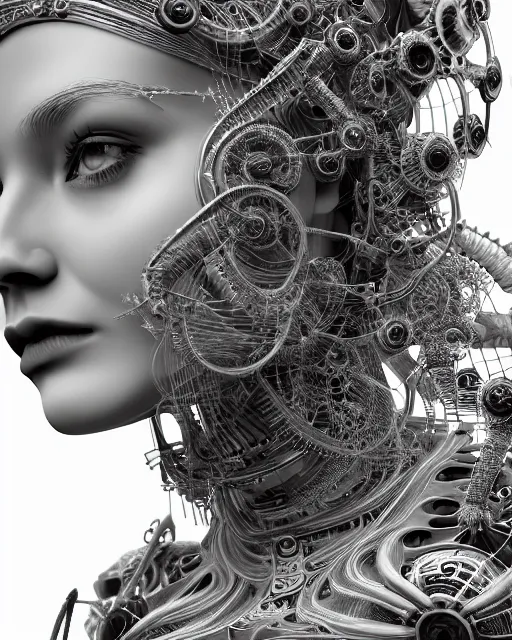 Image similar to mythical dreamy black and white organic translucent bio-mechanical spinal ribbed profile face portrait detail of steampunk mechanical beautiful female angelic-human-queen-realistic-cyborg, highly detailed, intricate crystal jelly ornate, poetic, 3D render, digital art, octane render, 8K artistic photography, photo-realistic, by Dora Maar