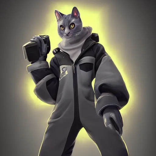 Image similar to Portrait painting of an anthropomorphic gray cat wearing a jacket, as an Overwatch character, medium shot, asymmetrical, profile picture, Organic Painting, sunny day, Matte Painting, bold shapes, hard edges, street art, trending on artstation, by Huang Guangjian and Gil Elvgren and Sachin Teng