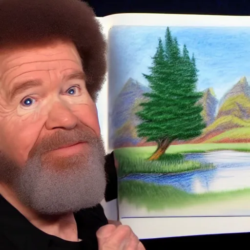 Image similar to bob ross drawing bob ross while looking at bob ross, beautiful, realistic, 8 k