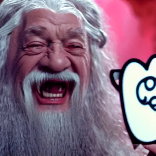 Prompt: portraid of gandalf wearing a Hello Kitty costume, smiling, holding a blank playing card up to the camera, movie still from the lord of the rings