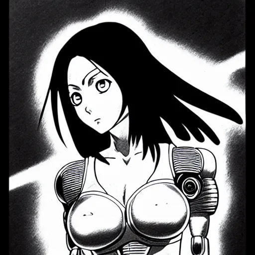 Image similar to alita by yukito kishiro. medium shot. black and white manga. pencil drawing. high detailed face