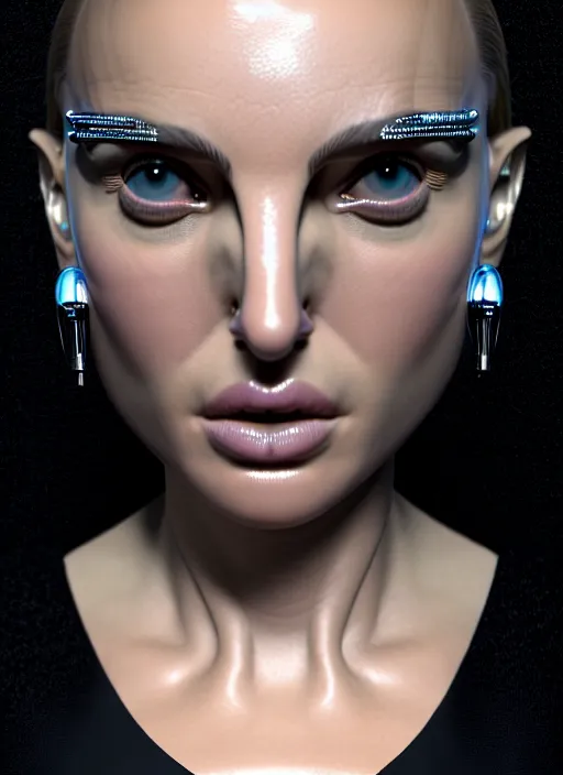 Image similar to bust of an absurdly beautiful, graceful, sophisticated, fashionable futuristic woman, facial piercings, natalie portman, heavy body modification, prosthetic implants, hyperdetailed by popovy sisters, intricate linework, white porcelain skin, faberge, intricate chrome headdress, dark atmosphere, unreal engine 5 highly rendered, global illumination, radiant light, detailed and intricate environment
