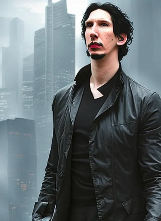 Image similar to adam driver as neo, matrix, city, lightning in the background