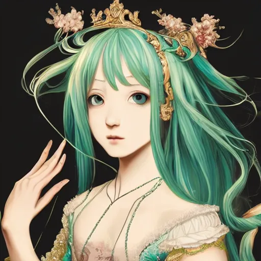 Prompt: a beautiful portrait of hatsune miku as a 1 6 th century noblewoman, fantasy, intricate, elegant, highly detailed, digital painting, artstation, concept art, matte, sharp focus, illustration, luminist and baroque style