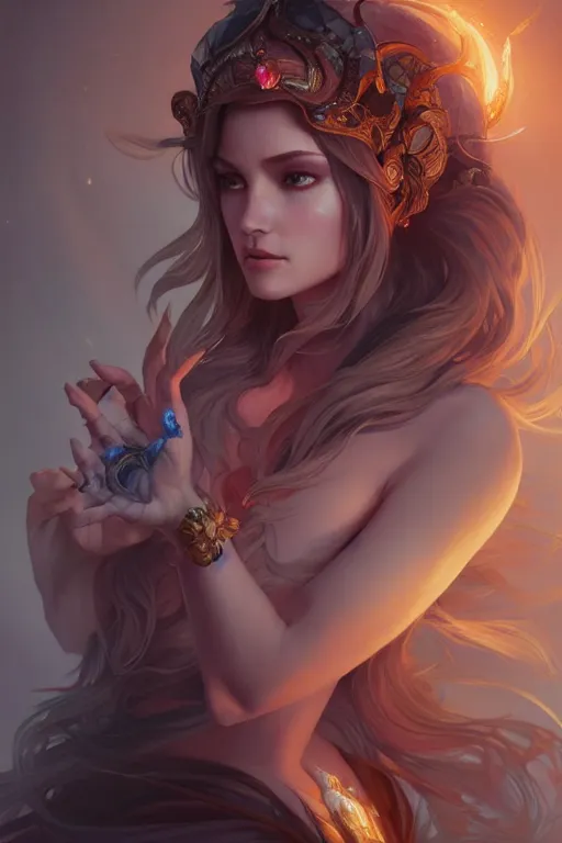 Prompt: beautiful sorceress, accurate anatomy, only two hands, highly detailed, digital painting, artstation, concept art, smooth, sharp focus, illustration, Unreal Engine 5, 8K, art by sakimichan, Artgerm, Ross Tran, greg rutkowski and alphonse Mucha