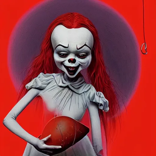 Prompt: digital art of Billie eilish with a wide smile and a red balloon by Zdzisław Beksiński, loony toons style, pennywise style, corpse bride style, creepy lighting, horror theme, detailed, elegant, intricate, conceptual, volumetric light