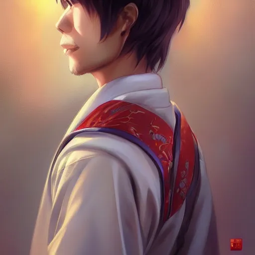 Image similar to A realistic anime portrait of a handsome japanese with a human face wearing a kimono, digital painting, by Stanley Artgerm Lau, WLOP, and Rossdraws, digtial painting, trending on ArtStation, deviantart