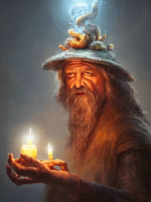 Image similar to fine painting of a wizard from an ancient culture with mushrooms growing from his body, candlelight, 8 k, ultra realistic, lens flare, atmosphere, glow, detailed, intricate, full of colour, cinematic lighting, trending on artstation, 4 k, hyperrealistic, focused, extreme details, unreal engine 5, cinematic, masterpiece