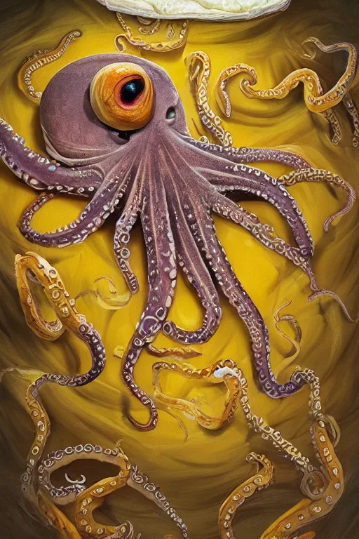 Image similar to a beautiful ultra detailed fine art illustration of an octopus holding cheeseburgers, artstation, 8 k