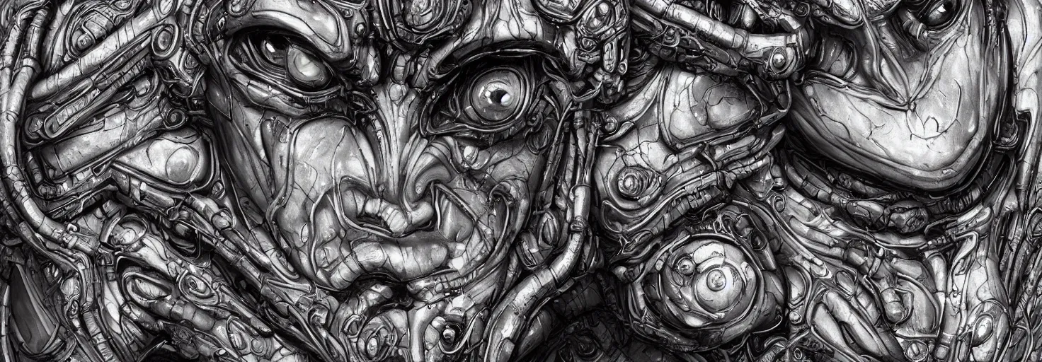 Image similar to engineer alien face by Artgerm, alien, highly detailed, symmetrical long head, smooth marble surfaces, detailed ink illustration, raiden metal gear, cinematic smooth stone, deep aesthetic, concept art, post process, 4k, carved marble texture and silk cloth, latex skin, highly ornate intricate details, moody lighting, hr geiger, hayao miyazaki, by Artgerm