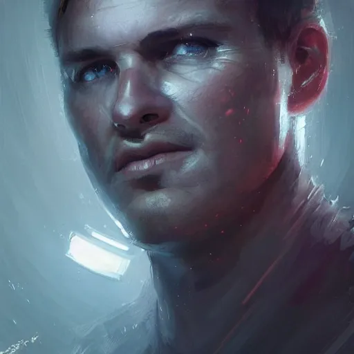 Image similar to portrait of a man with scared expression by greg rutkowski, he is about 3 0 years old, short blond hair, athletic and strong, straight jaw, wearing futuristic space gear, highly detailed portrait, digital painting, artstation, concept art, smooth, sharp foccus ilustration, artstation hq.