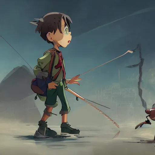 Prompt: a young anime Pinocchio and mutated jiminy cricket walk through an apocolyptic wasteland , made by Stanley Artgerm Lau, WLOP, Rossdraws, ArtStation, CGSociety, concept art, cgsociety, octane render, trending on artstation, artstationHD, artstationHQ, unreal engine, 4k, 8k,