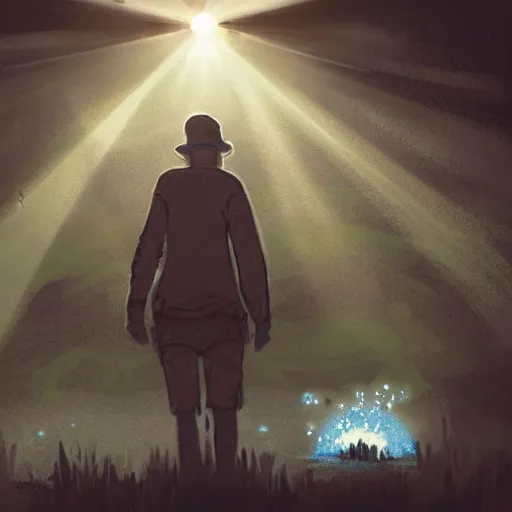 Image similar to a dirty lost person is following a floating blue glowing ball of light through a foggy swamp , Eternal cardgame art style .