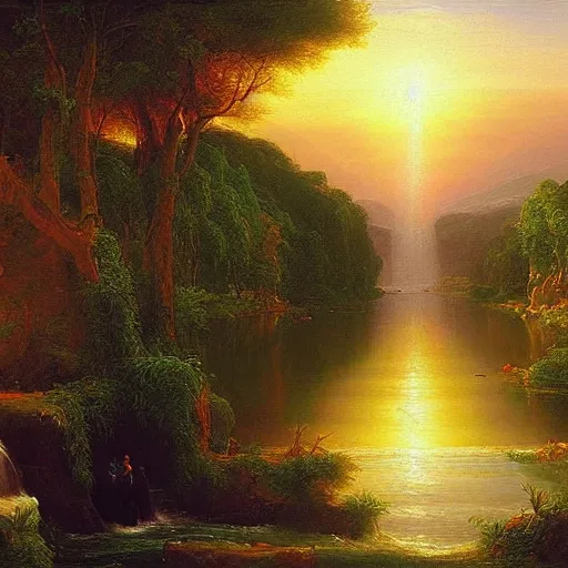 Image similar to An oil painting called: river of light that leads to God, painted by Thomas Cole, award winning, extremely detailed, 4k,