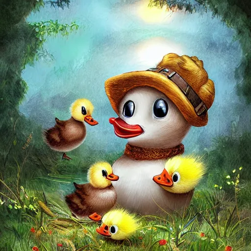 Prompt: two baby ducklings going on an adventure, fantasy, detailed digital art,