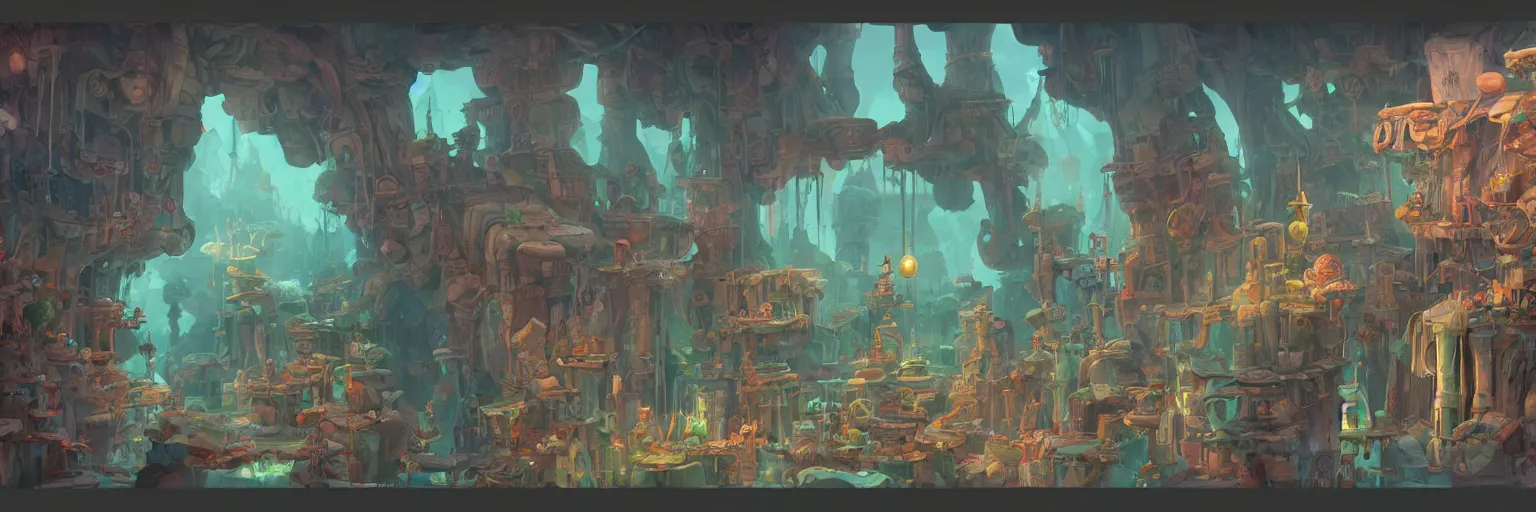 Image similar to 4K concept art of a wizards laboratory, digital art by Dr Seuss, animated by Studio ghibli, masterpiece trending on artstation, ultrafine detail, ray tracing by Nvidia, demonstration for QLED displays, award winning panoramic concept art with stunning detail