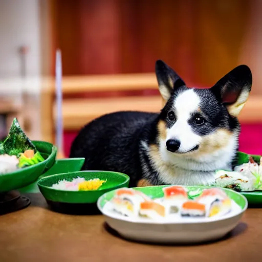 Prompt: a cute corgie lives in a house made of sushi. Photography.