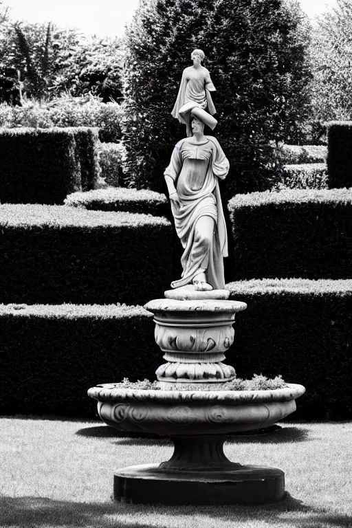 Image similar to A black and white garden with a red statue