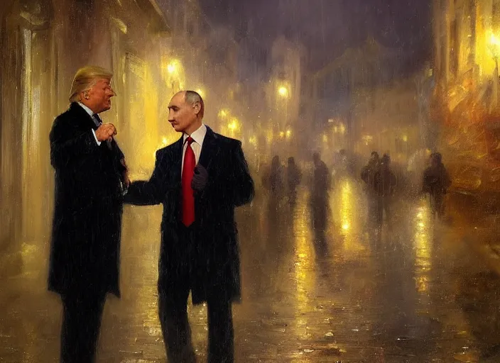 Prompt: donald trump selling documents to vladimir putin in a dark raining city alleyway by vladimir volegov and alexander averin and delphin enjolras and daniel f. gerhartz