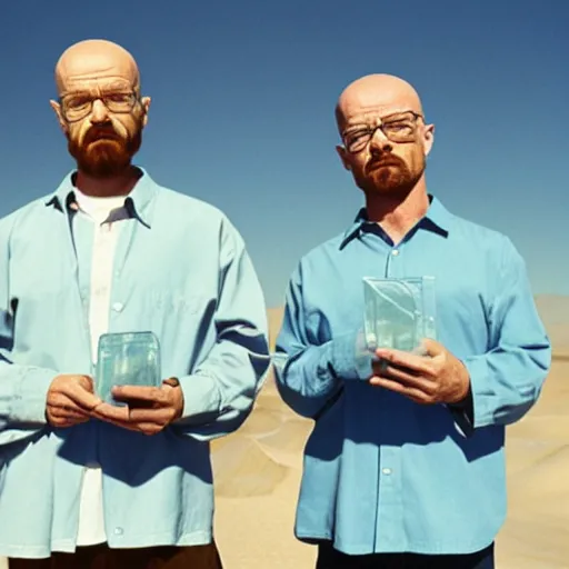 Prompt: Jesus and walter white holding ziploc bags of crystal blue meth, in the desert, film still, 4k, photorealistic, hd