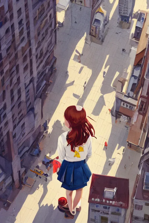 Image similar to gouache of a cute giantess wearing school uniform standing in the city which seem small, bird's eye view, 8 k wallpaper, strong brush stroke, very high detailed, sharp focus, illustration, morandi color scheme, art station, by krenz cushart