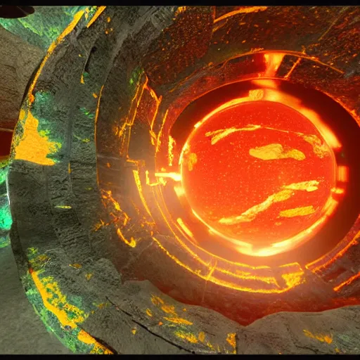 Prompt: a space portal with lava surface that has a golden frame that has trims of green and blue gemstones attached, highly realistic Unreal Engine