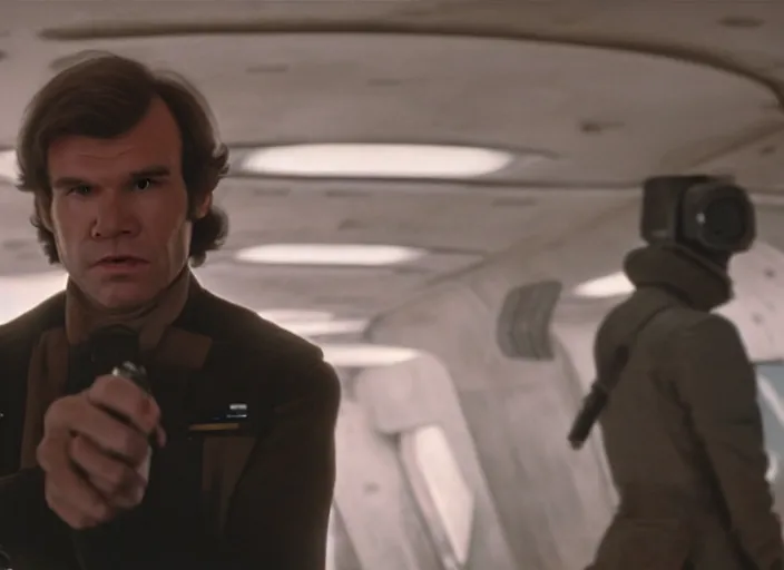 Image similar to screenshot of Han Solo dressed up as an imperial officer, iconic scene from 1970s spy thriller film directed by Stanley Kubrick, in a sci-fi shipping port, last jedi, 4k HD, cinematic lighting, beautiful portraits, moody, stunning cinematography, anamorphic lenses, kodak color film stock