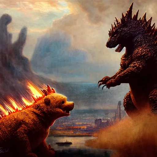 Prompt: godzilla and winnie the pooh are best friends, cinematic composition, epic dramatic lighting, realistic, hyperdetailed, photorealistic, photograph, epic scale by gaston bussiere