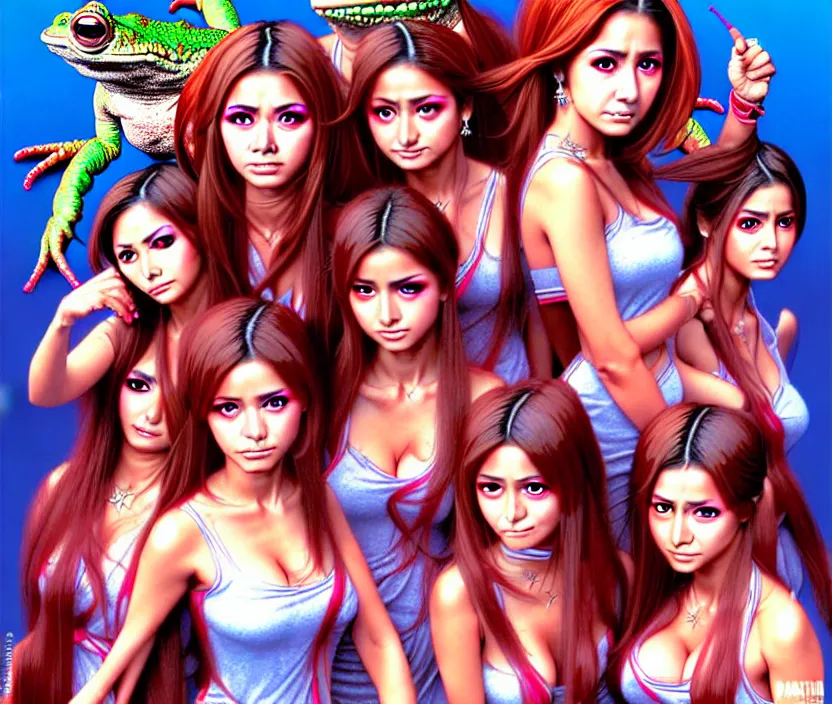 Image similar to richly detailed colored pencil 3D illustration of the female students of the Mexican telenovela called Rebelde who are resigned to their fate of being engulfed by an evil toad demon. surreal art by Range Murata and Artgerm.