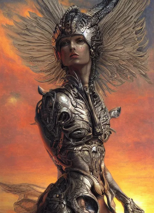 Image similar to biblical diabolical beautiful female valkyree android, on a pegasus, jump, heavy eyes to the side, closeup, bright glowing veins, in clouds, rain, sunset, portrait, by gerald brom, by mikhail vrubel, by peter elson, muted colors, extreme detail, reflections, trending on artstation, 8 k