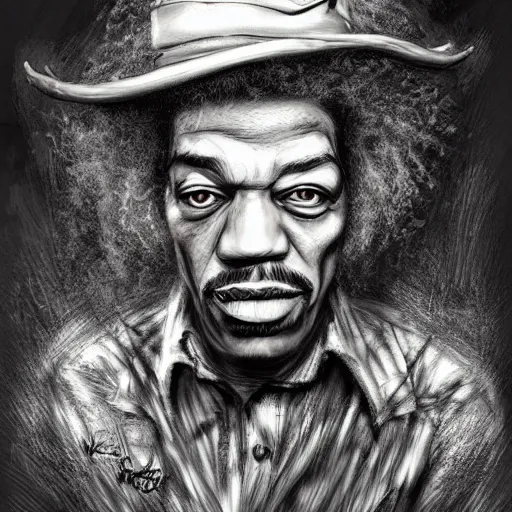 Prompt: surrealism grunge cartoon portrait sketch of Jimi Hendrix, by michael karcz, loony toons style, freddy krueger style, horror theme, detailed, elegant, intricate