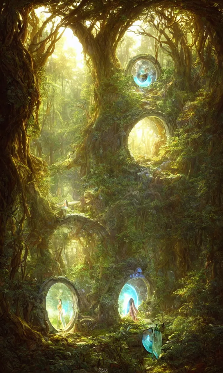 Image similar to Fantasy Magical fairy-tale portal in the forest. Round stone portal teleport in trees to other worlds. Fantastic landscape. Magic Altar in the fores, highly detailed, digital painting, artstation, concept art, smooth, sharp focus, illustration, art by artgerm and greg rutkowski and alphonse mucha