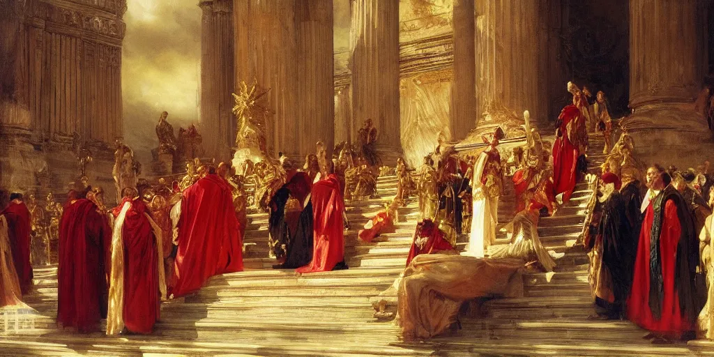 Image similar to beautiful oil painting, steve buscemi in royal crimson robes enthroned as the god emperor of ancient rome surrounded by servants in gilded halls a golden wreath upon his head, by anders zorn, wonderful masterpiece by greg rutkowski, beautiful cinematic light, american romanticism, by thomas lawrence, greg rutkowski