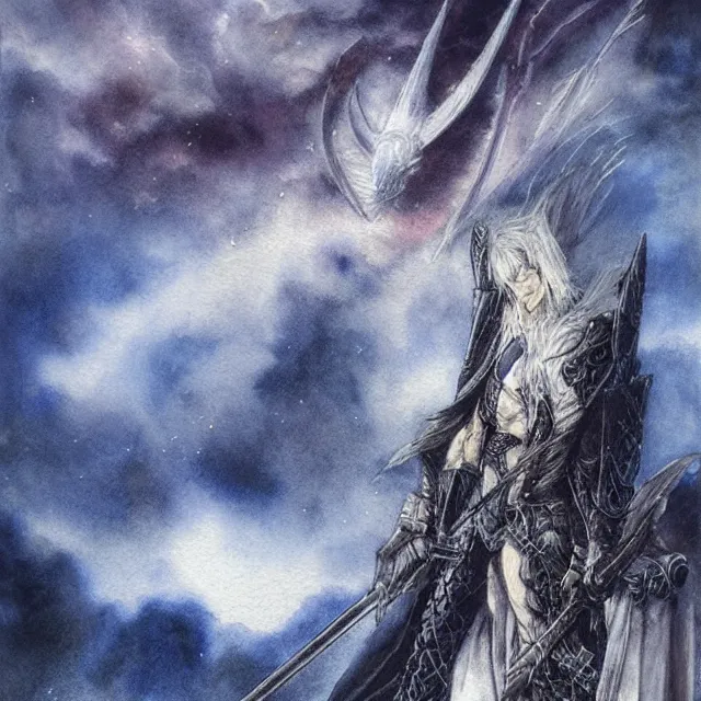 Image similar to “Stormbringer, a watercolour illustration of Elric of Melniboné by Yoshitaka Amano, John Blanche and Alan Lee”