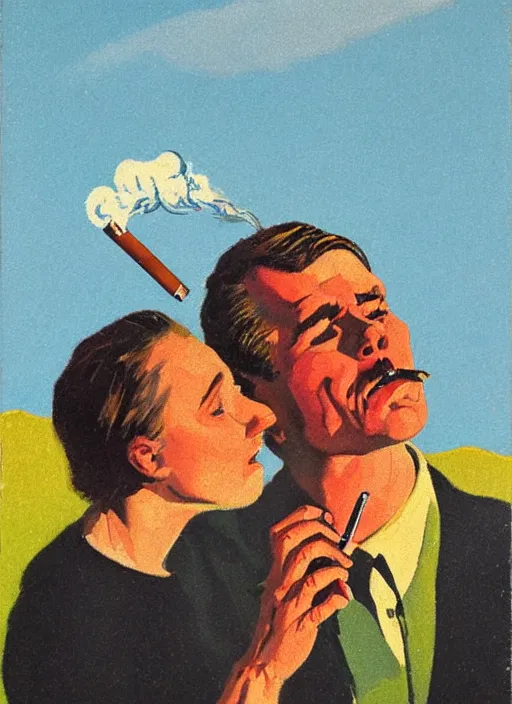 Image similar to an extreme close - up portrait of a couple smoking a cigarette in a scenic representation of mother nature and the meaning of life by billy childish, thick visible brush strokes, shadowy landscape painting in the background by beal gifford, vintage postcard illustration, minimalist cover art by mitchell hooks