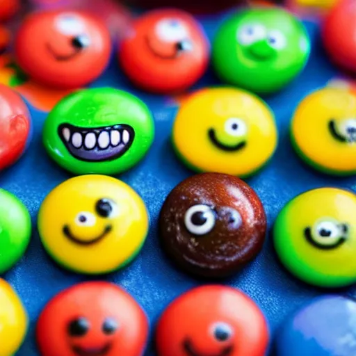 Prompt: M&M's candy with crazy monsters pictures on them , 8k hd dof