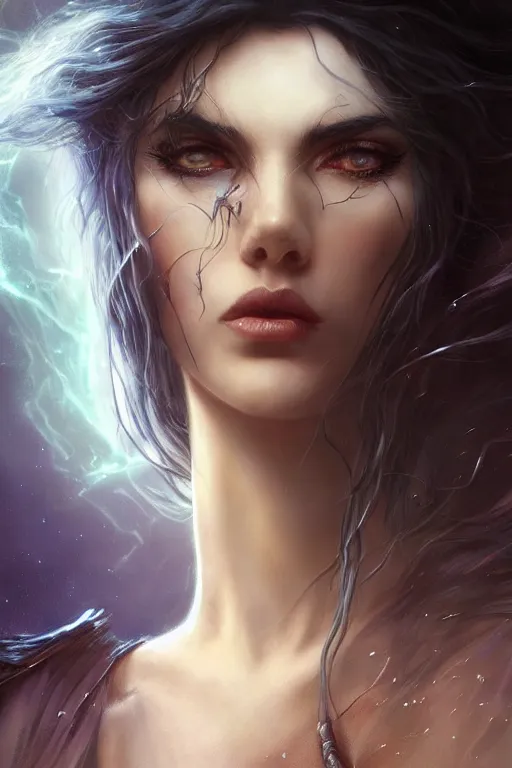 Image similar to seductive looking sorceress prays!!! magic the gathering, windy hair!, surreal dark fantasy, cinematic volumetric lights, portrait, dnd, intricate, elegant, highly detailed, digital painting, artstation, concept art, smooth, sharp focus, illustration, art by artgerm and tom bagshaw and greg rutkowski and alphonse mucha