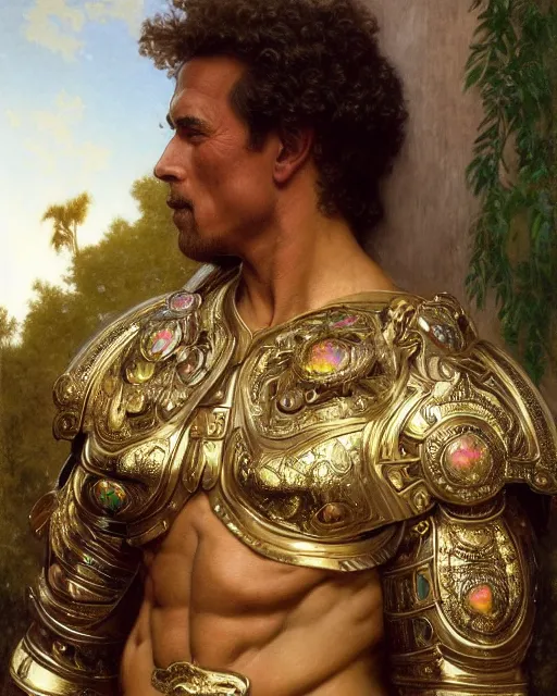 Image similar to a arnold schwarzenegger, dressed in ornate, detailed, intricate iridescent opal armor, detailed oil painting by william adolphe bouguereau and donato giancola