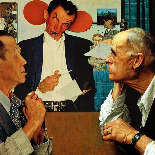 Image similar to an oil painting of two gentlemen arguing , by Norman Rockwell, mashup collage distorded