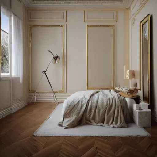 Image similar to cream - colored room, vanilla - colored lighting, soft golden light, marble room, marble slabs, bare room, empty room, studio room, window to night time, night time, warm lighting inside, art by artgerm