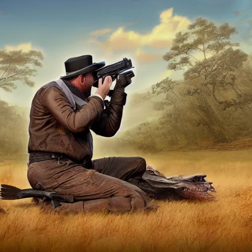 Image similar to colonial big game hunter sitting for a professional photo after shooting a large alien creature, matte painting, symmetrical, professional photo, wilderness behind